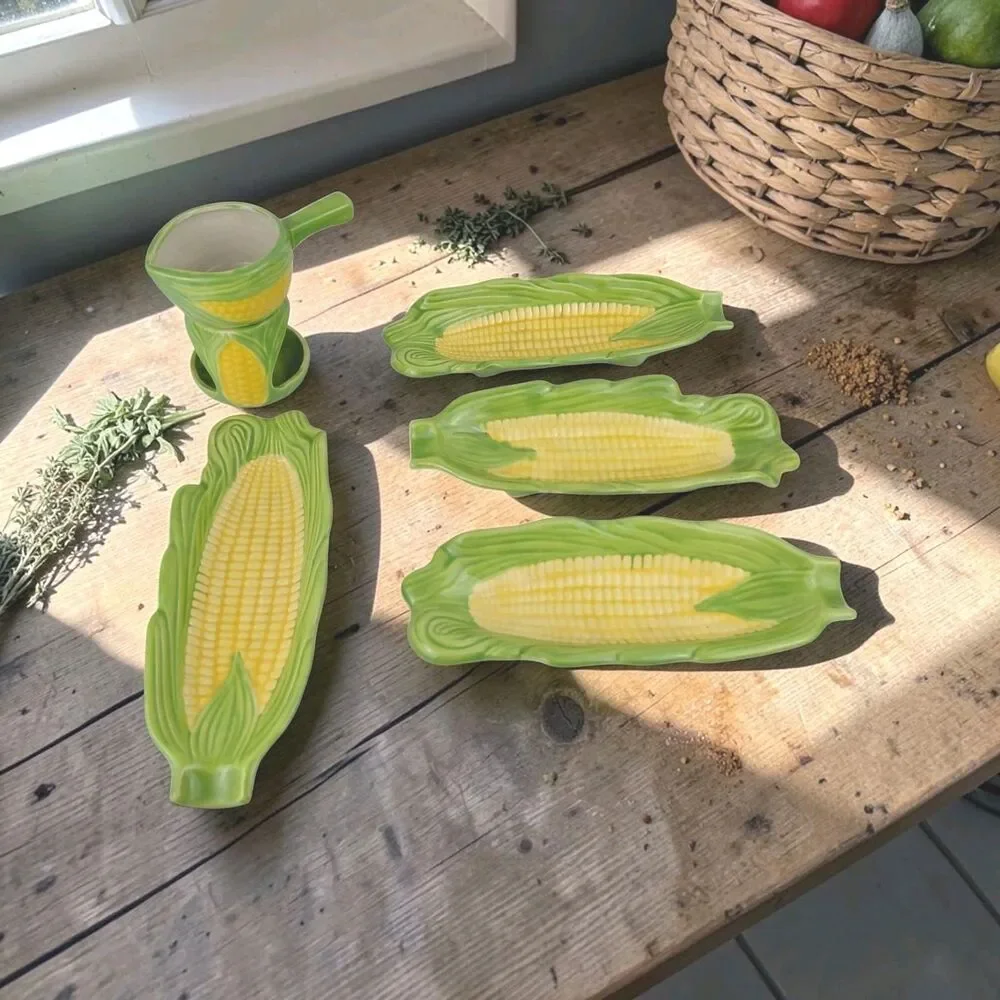 Ceramic Corn On The Cob Figural Plates (4) & Butter Warmer Serving Vintage